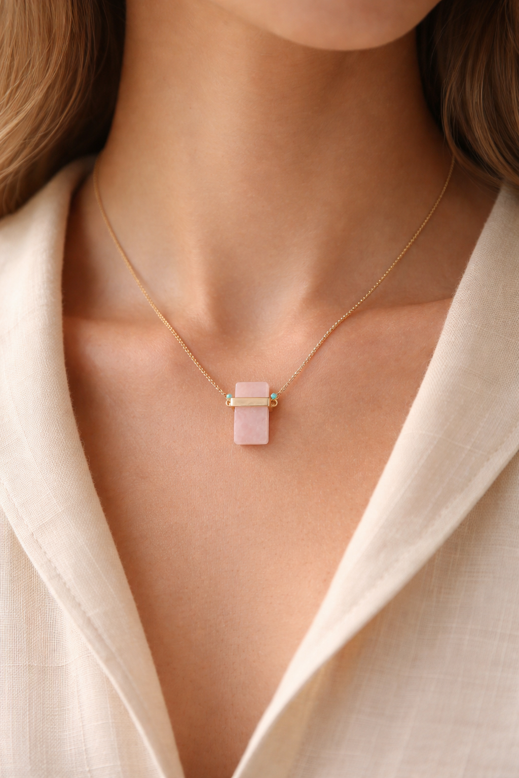 Recomango | Serene Axis — Natural Rose Quartz Inlaid Necklace